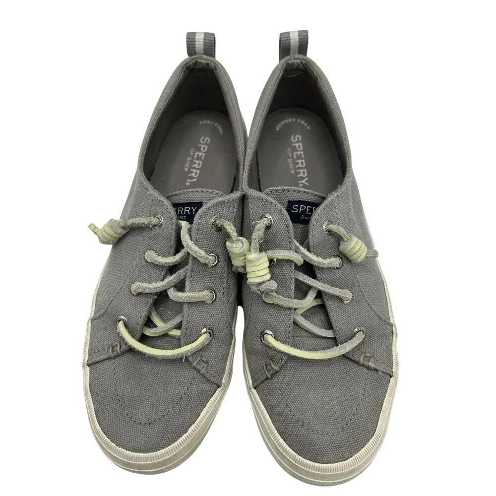 Sperry Womens Canvas Gray Slip-On Sneakers Size 8 Leather Shoe Strings